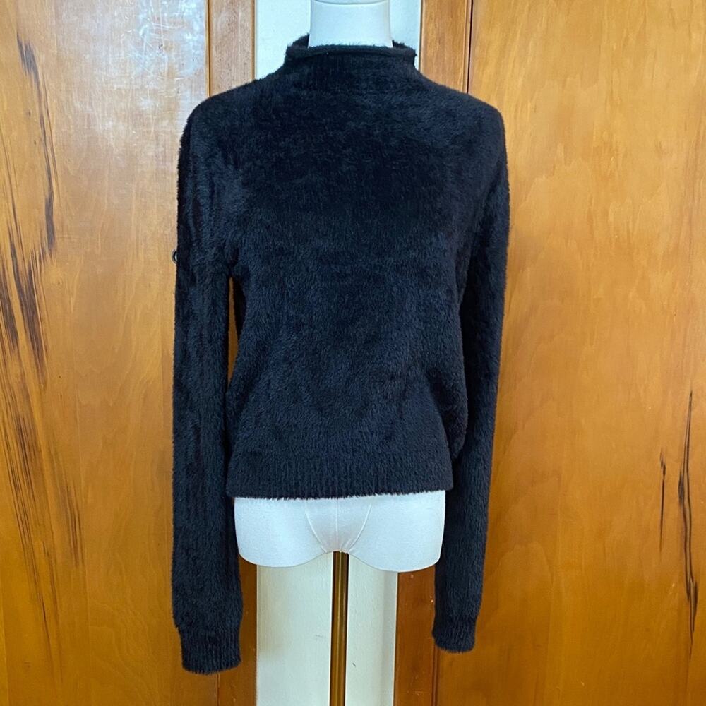 NWT Black Fuzzy Roll Neck Mock Turtleneck Sweater Nylon P2P 20” Length 22”